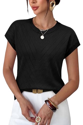 WIHOLL Womens Tops Short Sleeve Sweater for Women Business Casual Outfits Spring Tops Trendy 2026 Summer Outfits Work Fashion Clothing Dressy Casual T Shirts Black M