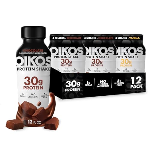 Oikos Protein Shake, Exclusive Variety Pack, 30g High Protein Drinks, Shelf Stable, Ready to Drink, 5g Prebiotic Fiber, 12 fl oz Bottle (8 ct Chocolate, 4 ct Vanilla)