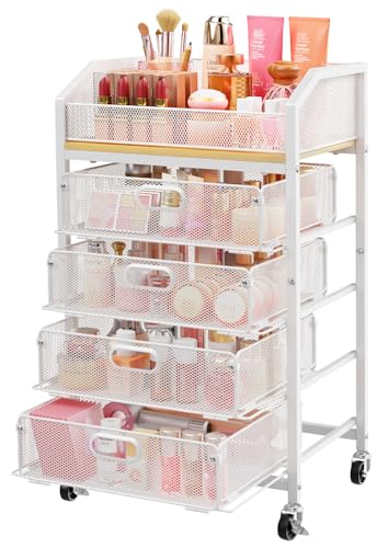 SUNALLY Makeup Organizer Cart with 4 Drawers, Rolling Makeup Storage Cart Metal Skincare Organizers, Large Vanity Storage Organizer Cosmetics Display Cases for Skin Care Perfume Nail Polish, White