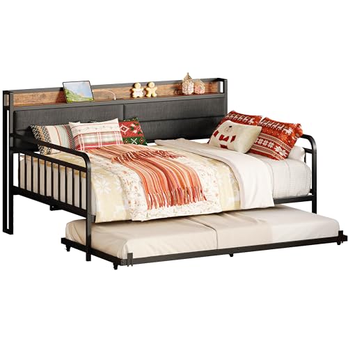 LIKIMIO Daybed with Trundle, Sturdy Metal Full Size Bed Frame with Upholstered Headboard and Charging Station for Living Room, Bedroom and Guest Room, Black