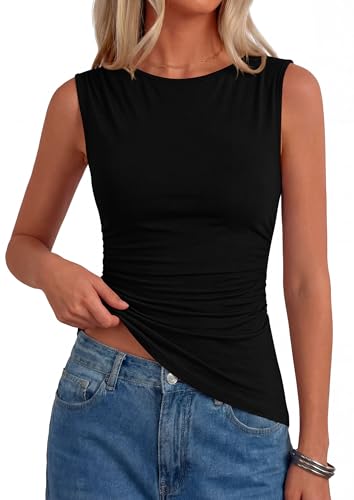 PRETTYGARDEN Boat Neck Tops for Women 2026 Spring Asymmetrical Sleeveless Slim Fit Blouses Summer Going Out Ruched Tank Top (Black,Medium)