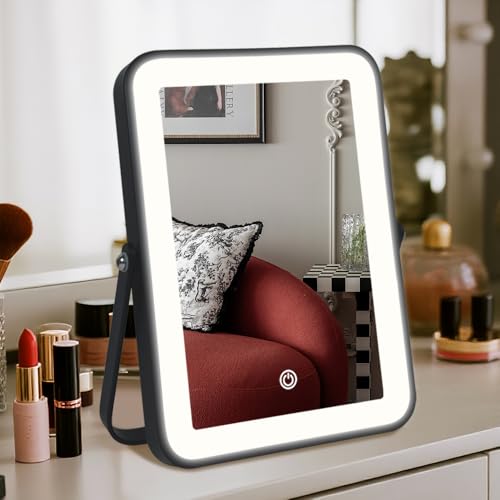 Leadzones Rechargeable LED Vanity Mirror with Lights, 7"x10" Black Makeup Mirror with Lights, 3-Color Lighting, for Dorm, Livingroom, Gifts for Women