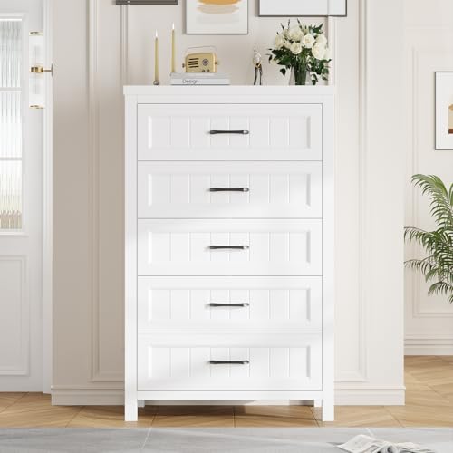 Jocoevol 5 Drawer Dresser for Bedroom - Farmhouse 44.9" Tall Chest of Dresser with Large Storage, Rubst Wood Construction for Living Room, Hallway & Entryway - White