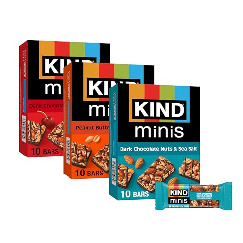 KIND Bar Minis, Variety Pack, Dark Chocolate Nuts and Sea Salt, Dark Chocolate Cherry Cashew, Peanut Butter Dark Chocolate, Healthy Snacks, 3g Protein, Gluten Free, Low Sugar/Calorie Snacks, 30 Count