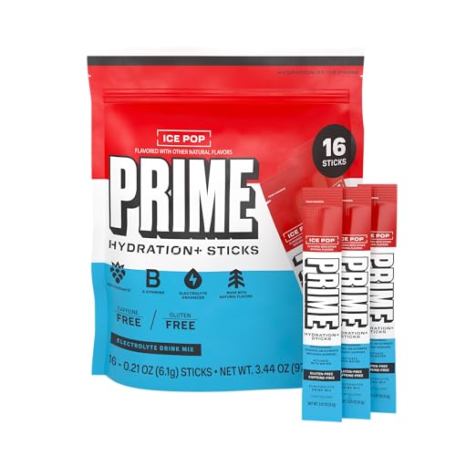 PRIME HYDRATION+ Electrolyte Powder Sticks, Ice Pop, Sugar Free Hydration Drink Mix with Potassium, Magnesium & B Vitamins to Replenish Fluids, Caffeine Free, 16 Count
