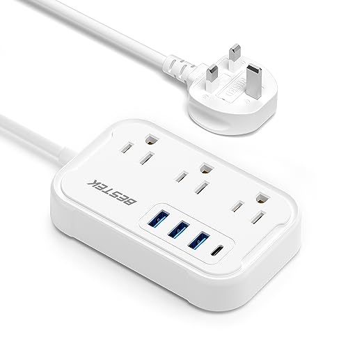 BESTEK US to UK Travel Plug Adapter: Type G Adapter with 3 AC Outlets and 4 USB (1 PD20W) - Power Strip for USA, UK, Ireland, Scotland, Hong Kong, British, London - 2.6ft