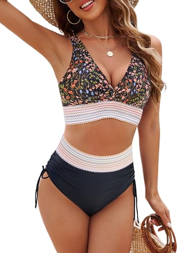 Edelqual Women's High Waisted Bikini Two Piece Swimsuit Color Block Bathing Suit