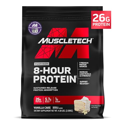 MuscleTech Platinum 8-Hour Protein Powder - 7 Premium Protein Sources with Whey & Casein Protein for Increased Lean Muscle, Strength & Improved Recovery - Vanilla Cake, 50 Servings