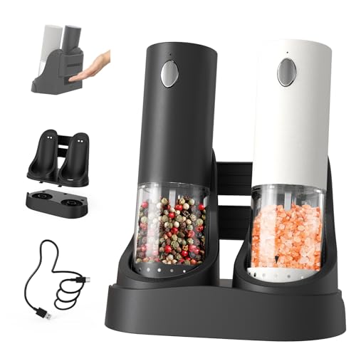 CIRCLE JOY Electric Salt and Pepper Grinder Set Automatic Salt and Pepper Mills Set with Easy-to-Carry Charging Base and LED Light, USB Rechargeable, Upgrade External Adjustable Coarseness