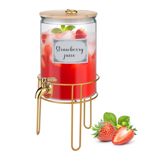1 Gallon Drink Dispenser, Glass Beverage Dispenser With Stand,Juice Containers with Lid for Party,Drink Dispensers for Parties With Spigot for Lemonade/Soda/Tea