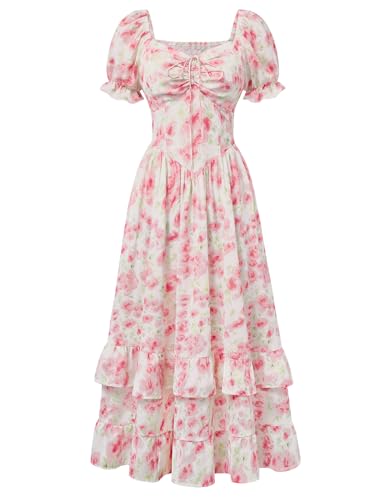Scarlet Darkness Women Floral Cottagecore Dress Puff Sleeve Maxi Ruffled Corset Dress Watercolor Rose M