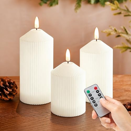 LUSHARBOR Flameless Candles with Remote, 3 Pack Battery Operated Candles Flickering Real Wax LED Fake Pillar Candles with Timer for Wedding Home Party, White