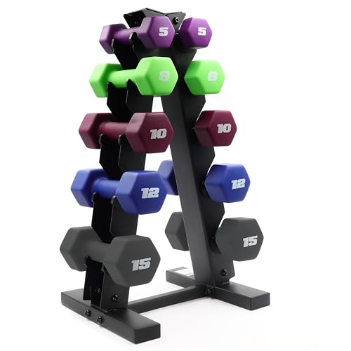 CAP Barbell 100 LB Set of Neoprene Dumbbells with Rack Color Series | 5, 8, 10, 12 and 15 LB pairs
