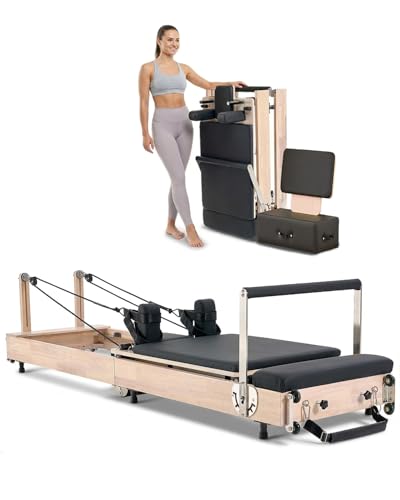 VEVOR Foldable Pilates Reformer, Wooden Pilates Workout Machine for Home Gym Studio Use, Pilates Bed with Dual Resistance- Spring & Cord, Reformer Set with Sitting Box, Up to 400 LBS