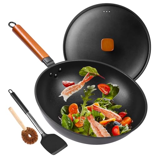 13" Nonstick Wok - Wok Pan with Lid, Carbon Steel Woks & Stir-Fry Pans: Flat Bottom Chinese woks for Electric, Induction, Gas, All Stoves
