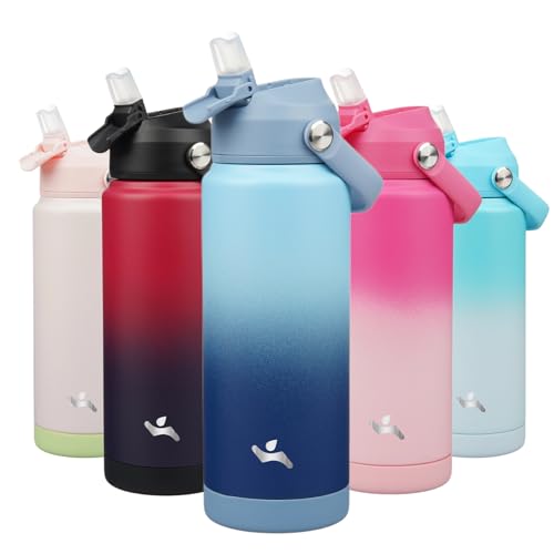 Konokyo Insulated Water Bottle with Straw Lid,24 oz Stainless Steel Vacuum Metal Bottle with Silicone Handle,Sky