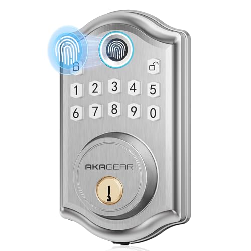 AkaGear Keyless Entry Door Lock with Fingerprint - Door Locks with 2 Keys, Electronic Keypad Deadbolt, Smart Door Locks, Smart Locks for Front Door, Auto-Lock & One Touch Locking - Satin Nickel