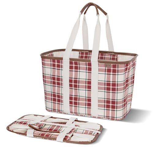 CleverMade Collapsible Tote Bag LUXE – 30L Large Utility Tote Bag with Flat Bottom, Structured Wire Frame, Collapsible Totes with Handles for Car Storage & Groceries - Red Checker
