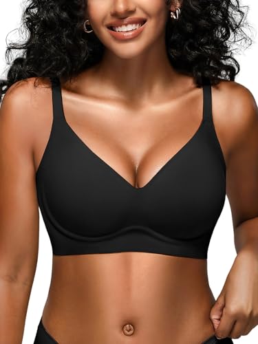 Wireless Jelly Bras for Women No Underwire - Seamless Padded T-Shirt Bralette with Support, Full Coverage Comfort Bra (M, Black)