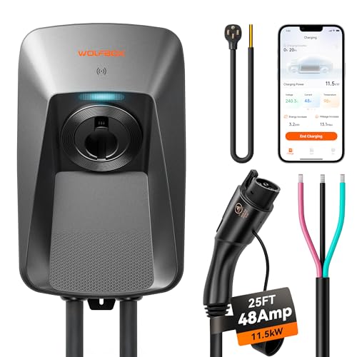 WOLFBOX Level 2 EV Charger 48 Amp J1772,Hardwired EV Charger Level 2 with NEMA 14-50 Plug 25ft Cable,Smart APP&RFID Card Control,240V Electric Vehicle Charging Station (WE48)