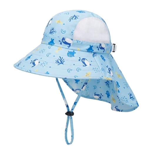 Kids UPF50+ Protection Sun Hat with Neck Flap Wide Brim, Ponytail Beach Summer Bucket Hat for Girls Boys Lightblue