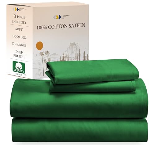 California Design Den King Size Sheets Set - Natural 100% Cotton Bed Sheets King Size Set with Deep Pockets, Soft Sateen Weave, Breathable and Durable Bedding (Emerald Green)