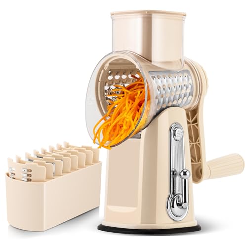 SUSTEAS Rotary Cheese Grater with Handle - Vegetable Shredder with 5 Well-designed Blades & Strong Suction Base,Round Mandoline Slicer & Food Chopper for Kitchen,with Blade Storage Box(Beige)