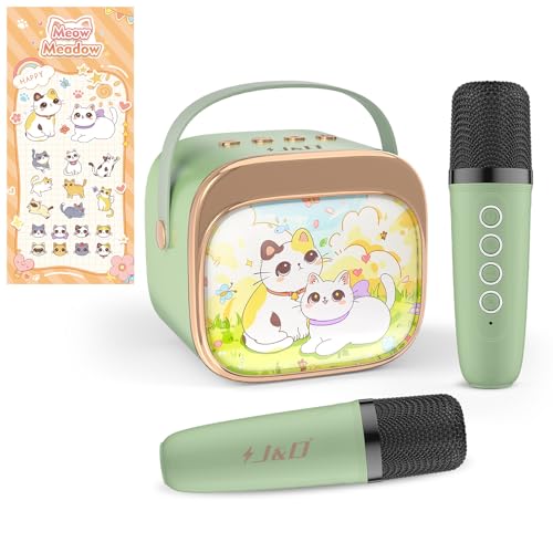 J&D Mini Karaoke Machine for Kids Adults, Portable Bluetooth Speaker with 2 Wireless Mics and Cat Sticker for Girls Boys Age 3–10 Birthday Gifts Princess Toys, Colorful LED, Green