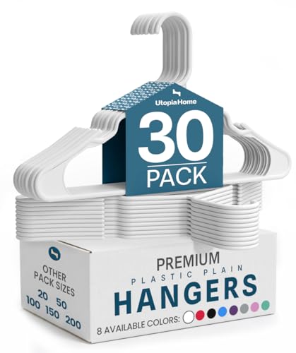 Utopia Home - Plastic Hangers 30 Pack - Space Saving Clothes Hanger - Durable and Strong Closet Organizers and Storage Makes It Ideal Stocking Stuffers or Apartment or Dorm Room Essentials (White)