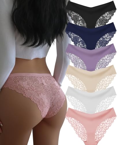 DHFBABY Sexy Cheeky Womens Underwear Comfortable Seamless Panties Luxurious Lace Bikini Briefs (US, Alpha, Medium, Regular, Regular, A-6 Pack-6 Color)