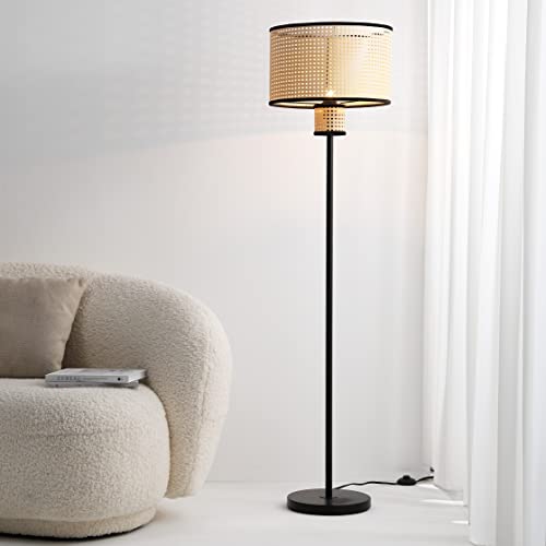 VidaLite Nakuv - Modern Bohemian Floor Lamp with 2 Tier PVC Rattan Shade and Velvet Stiched Rim for Foyer, Kitchen Living Room, Bedroom, Beige
