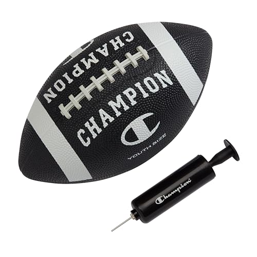 Champion Blitz Football (Youth, Black/White), All-Weather Football, Enhanced Grip, Durable Rubber Cover and Molded Laces, for Outdoor Sports & Training, Includes 6" Ball Pump