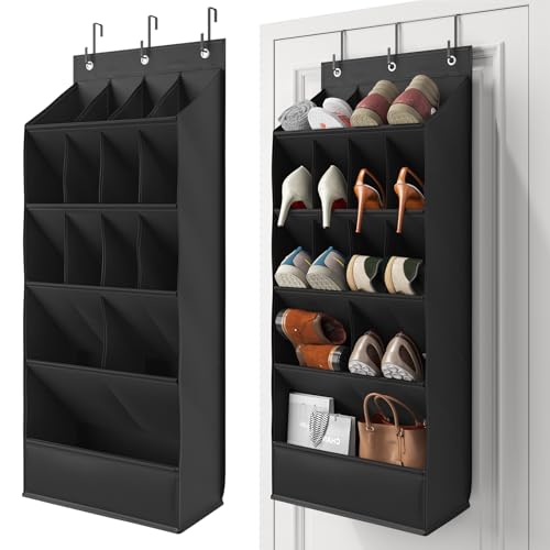 Mefirt 18 Pairs Over the Door Shoe Organizer, Shoe Rack for Closet with Large Breathable Pockets, Hanging Shoes Rack for Boots, Behind the Door Organizer Shoe Holder for Categorized Storage, Black