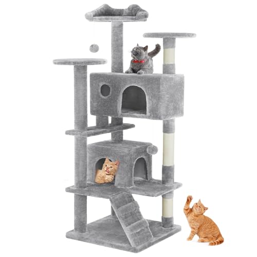 Sweetcrispy 54 Inch Cat Tree Tower, Multi-Level Tower with Cat Scratching Post, Indoor Cat Condo with Climbing Ladder, Plush Toy, Play House for Cat, Light Grey
