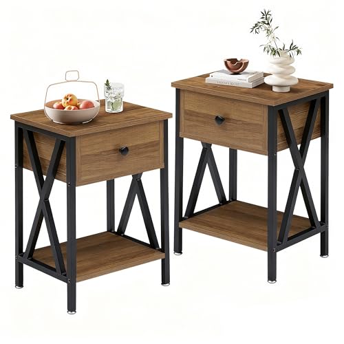 VECELO Night Stand Set of 2, End Tables with Drawer, 2-Tier Bedside Tables with X Shaped, Side Table Stand with Storage Shelf for Living Room/Bedroom,Walnut Brown
