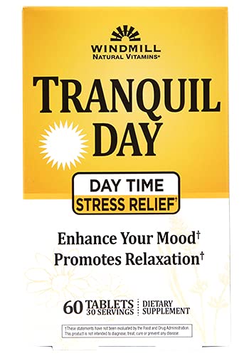 Windmill Health Products Natural Vitamins Tranquil Day, Day Time Stress Relief, Enhance Your Mood, Promotes Stress Relief, 60 Tablets, White and Yellow