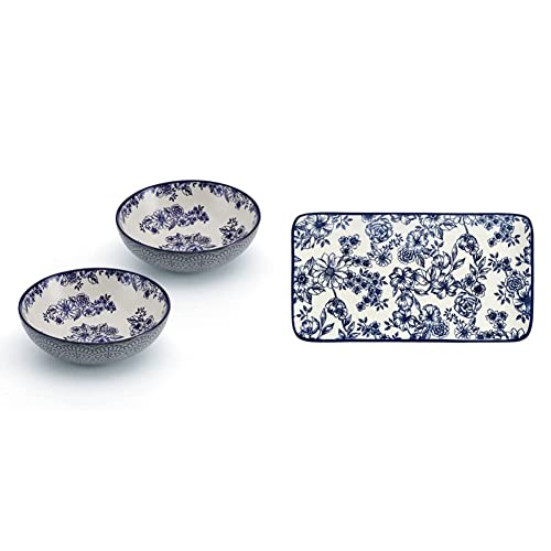 Pfaltzgraff Gabriela Blue Floral Set of 2 Pasta Bowls, 8 Inch, Teal and White Gabriela Floral Rectangle Platter, 14.75 Inch, Blue and White