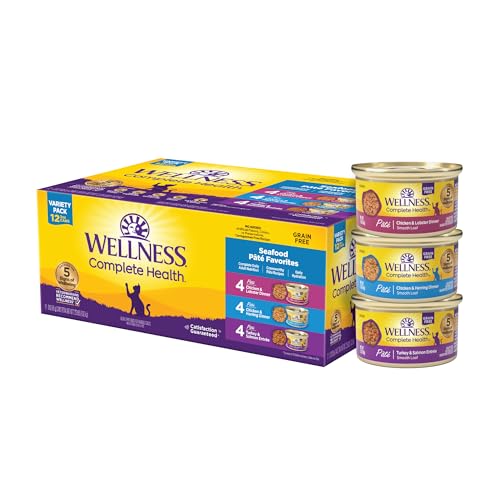 Wellness Complete Health Pate Variety Pack Adult Canned Wet Cat Food, Natural, Protein Rich, Grain Free, Seafood Favorites, 3 oz, Pack of 12 Cans