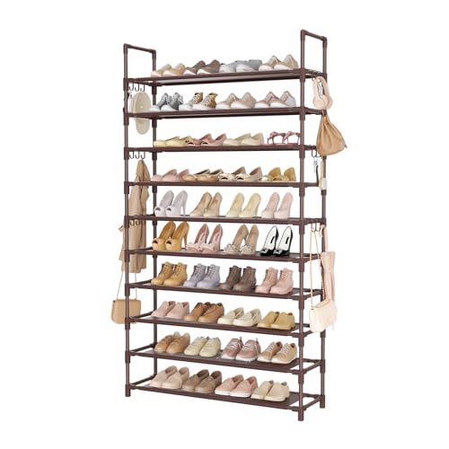 LANTEFUL Tall Shoe Rack 10 Tier Shoe Organizer Large Shoe Shelf with 18 Hooks Storage for 50 Pair Sneaker and Boot, Stackable Vertical Shoe Rack Organizer for Closet, Entryway, Bedroom, Brown