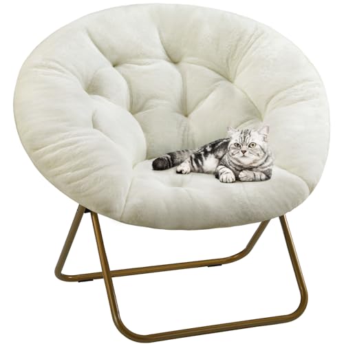 DUMOS Comfy Saucer Chair, Faux Fur Lounge Seasting XL Circle Chair for Bedroom, Dorm & Gaming, Foldable Fashion Accent Seat for Small Spaces, Folding Moon/Mushroom/Round Oversized Style,White