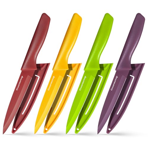 Gourmetop Paring Knife with Cover, Paring Knives Set of 4, 3.8" Paring Knife Set of Premium Stainless Steel, Small Kitchen Knife Set for Fruit and Vegetable, Ergonomic Knife Handles for Versatility