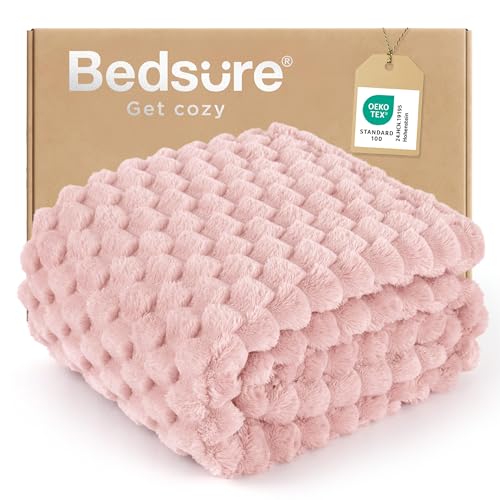 Bedsure Pink Throw Blanket for Couch - 350GSM Fluffy Plush Bubble Blanket for Bed Home Room Decor, GentleSoft Cute Fleece Soft Cozy Gifts for Women Girls, 50x60 Inches