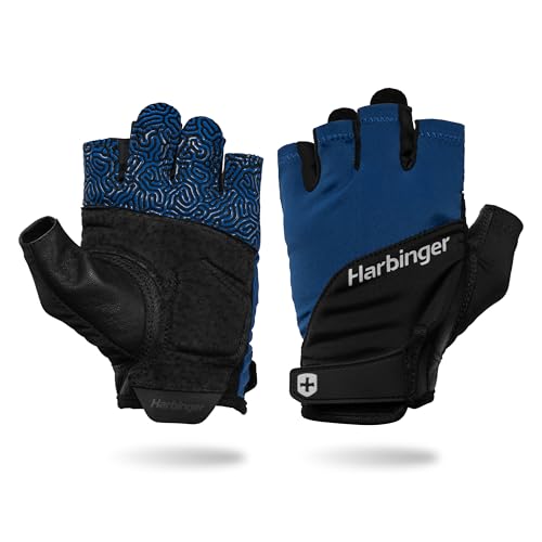 Harbinger Training Grip Gloves 3.0 – Durable, Padded Leather Palm, Enhanced Grip, Breathable 4-Way Stretch Lycra, Adjustable Hook-and-Loop Closure, Quick Removal Tabs, Weightlifting, Blue, Medium