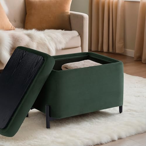 Studio Living Connor 24” Small Storage Ottoman with Reversible Tray Lid, Velvet Upholstered Footrest & Accent Bench, Hidden Storage, Metal Legs, Modern Boho Design, Green