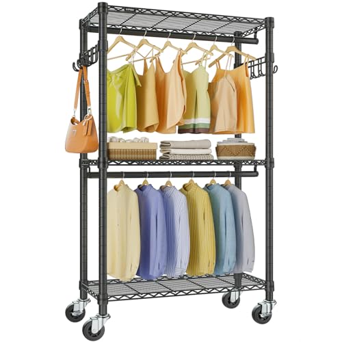 VIPEK R2 Mini Rolling Clothes Rack Heavy Duty Clothing Rack for Hanging Clothes Adjustable Portable Closet Metal Clothes Racks with Wheels Double Rods Side Hooks, Freestanding Garment Rack, Black