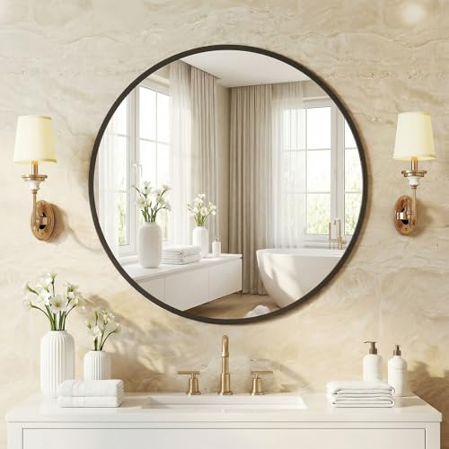 NEWBULIG 20 Inch Round Wall Mirror, Bathroom Mirror for Over Sink, Matte Metal Framed Circle Vanity Mirror, Wall Decor for Bedroom, Entryway, Anti-Rust, Tempered Glass, Hanging or Leaning, Black