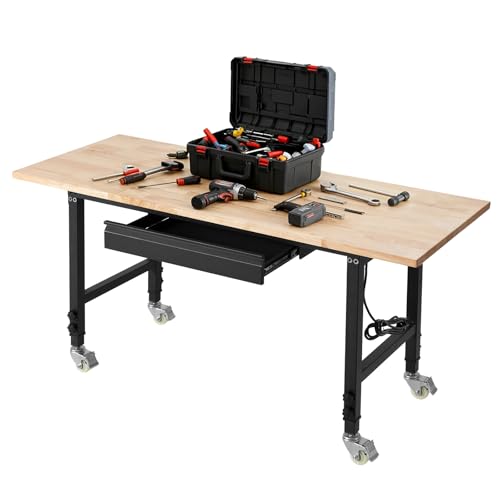 VEVOR Adjustable Workbench on Wheels, 2000 lbs Capacity, 60 x 24 Inch Oak Wood Top Workbench with Drawer & Power Outlets, Heavy-Duty Hardwood Worktable for Garage, Workshop, Home, Office, Commercial