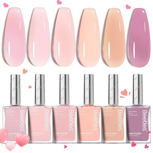 Beetles Jelly Nail Polish Set, 6 Colors Pink Nude Purple Velvet Glow Quick Dry Nail Polish Long Lasting Nail Strengthener Polish Gift for Girls Women