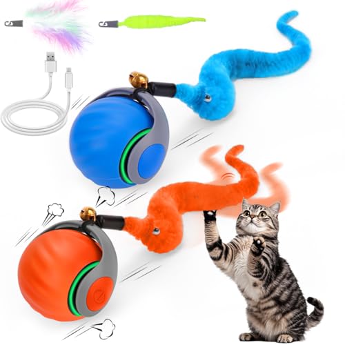 2PCS Interactive Cat Ball Toy, Self Rolling Ball with Cover Anti-Scratch for Bored Indoor Cat Chasing, Obstacle Avoidance Smart Cat Toys for Enrichment, Motion Activated Toys to Keep Them Busy