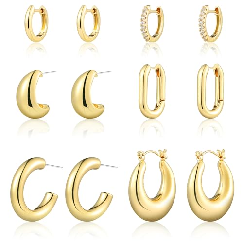 Wgoud 6 Pairs Gold Hoop Earrings Set for Women, 14K Gold Plated Hypoallergenic Lightweight Chunky Twisted Open Huggie Hoops Earrings Jewelry for Gift. (Gold)